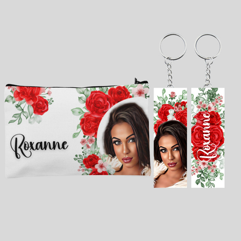 Red Floral, Customized Pouch and Keychain
