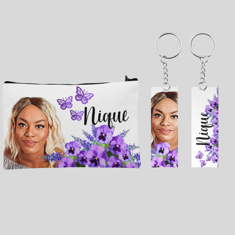Purple Floral, Customized Pouch and Keychain