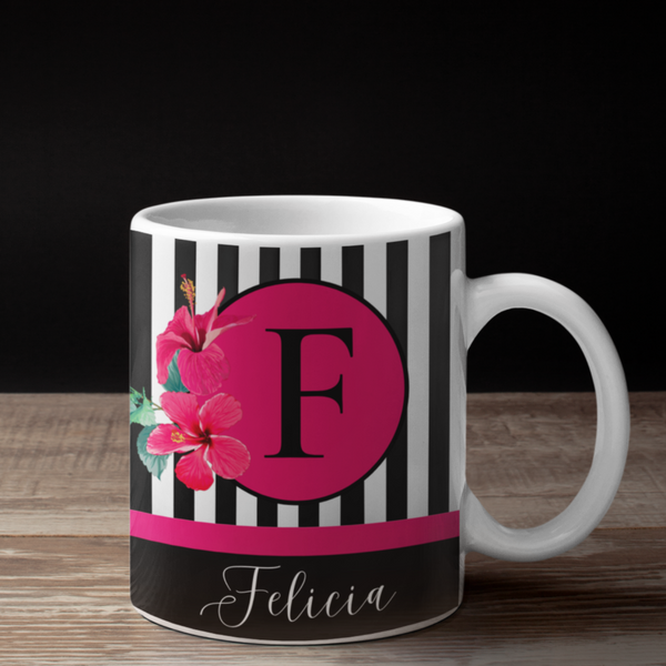 Pinstripe Floral Monogram Personalized Mug